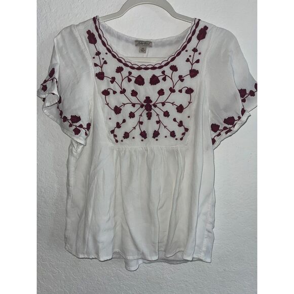 Lucky Brand Women's Hannah Embroidered Top XS White/ Burgandy - Picture 1 of 5